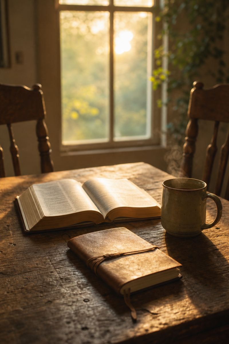 Open book, leather journal, and steaming mug on a rustic wooden table bathed in