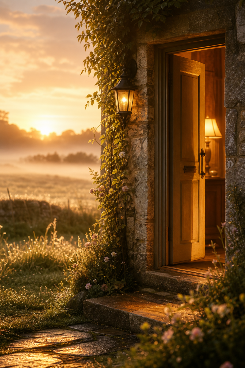 Open wooden door of a stone cottage at sunrise, with a glowing wall lantern,
