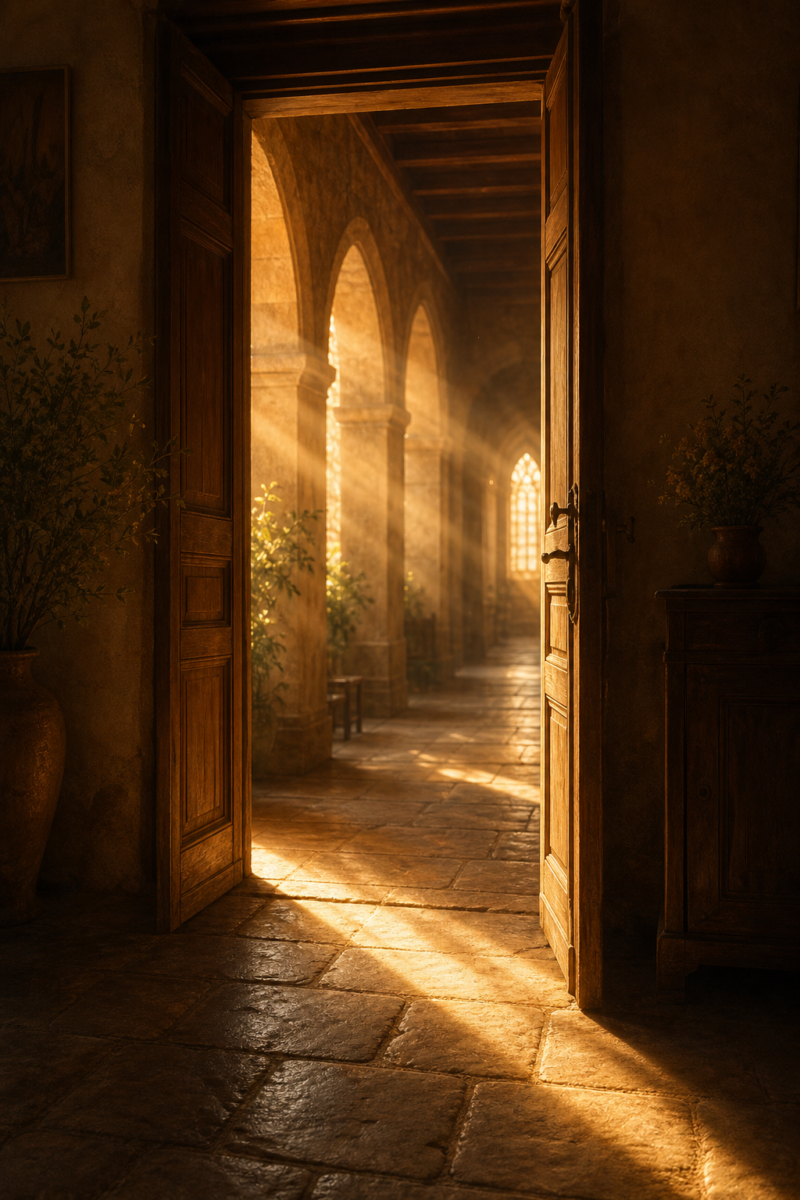Open wooden doors revealing a sunlit stone corridor with arched columns and