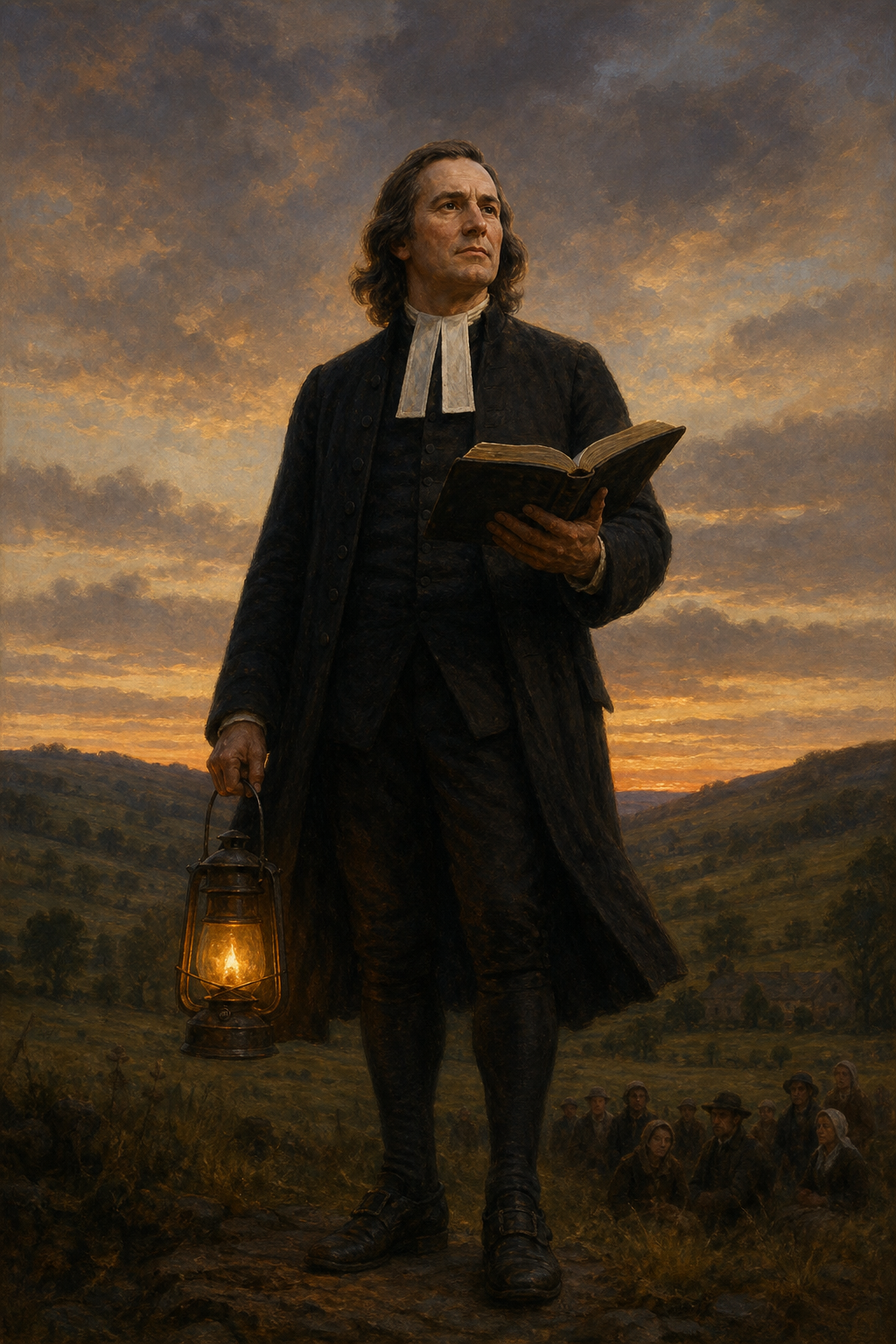 Painted portrait of a colonial-era clergyman holding an open book and a glowing