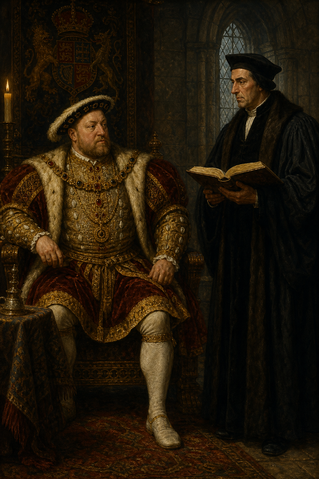 Painting of a richly robed king seated on a throne beneath a royal coat of