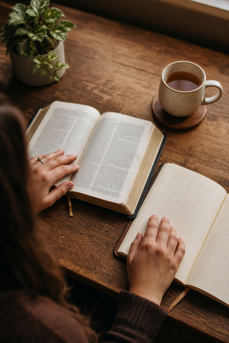 Person reading an open Bible alongside a journal on a wooden desk, with a cup