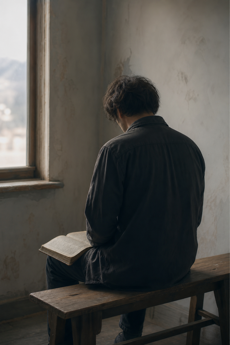 Person seen from behind sitting on a wooden bench near a window, reading an