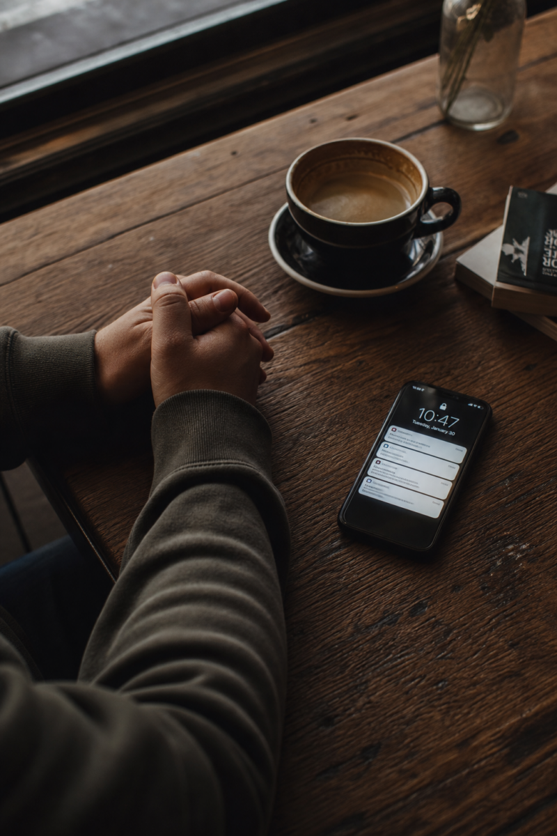 Person sitting at a café table with clasped hands, a smartphone showing