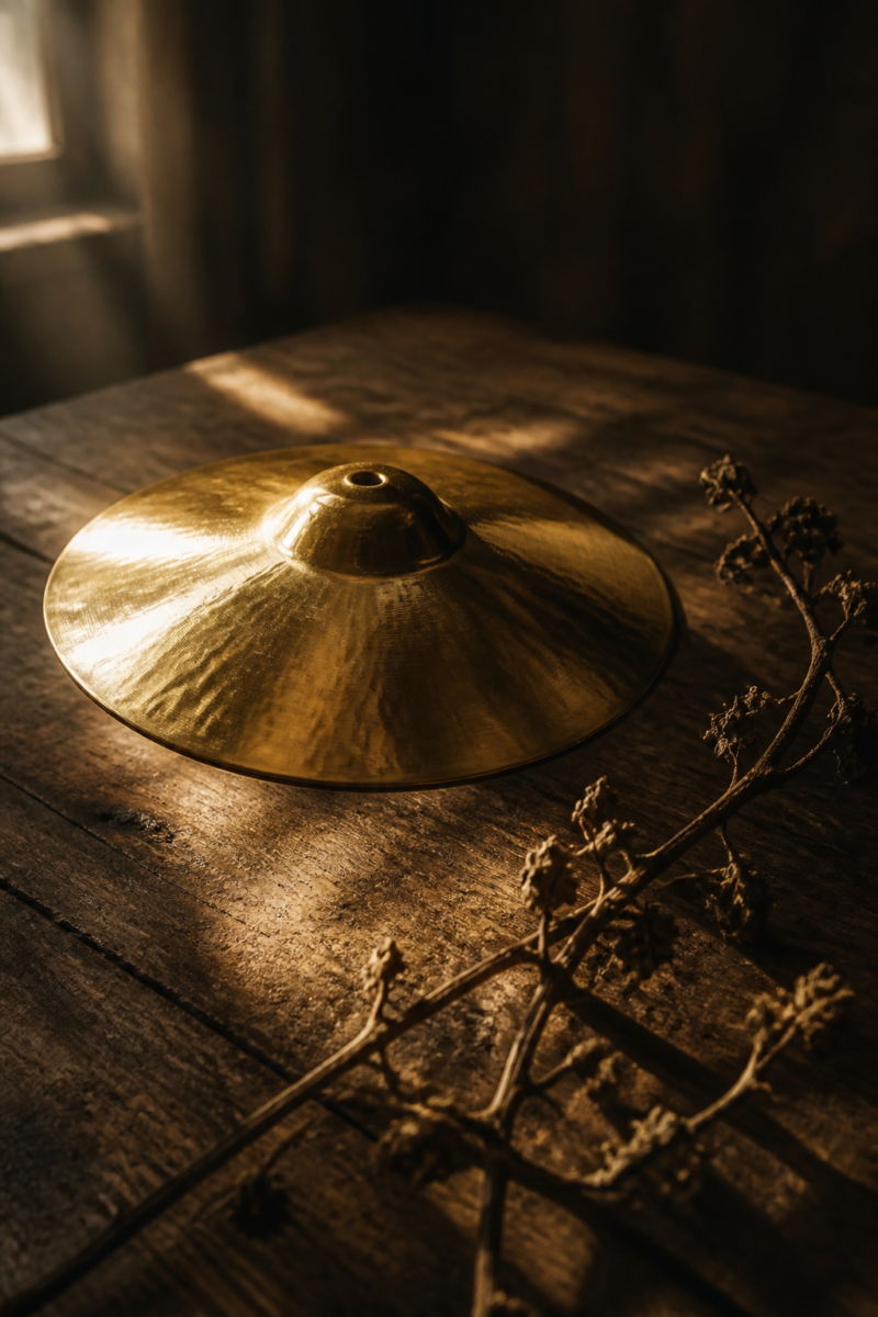Polished brass cymbal resting on a rustic wooden table beside a dried plant