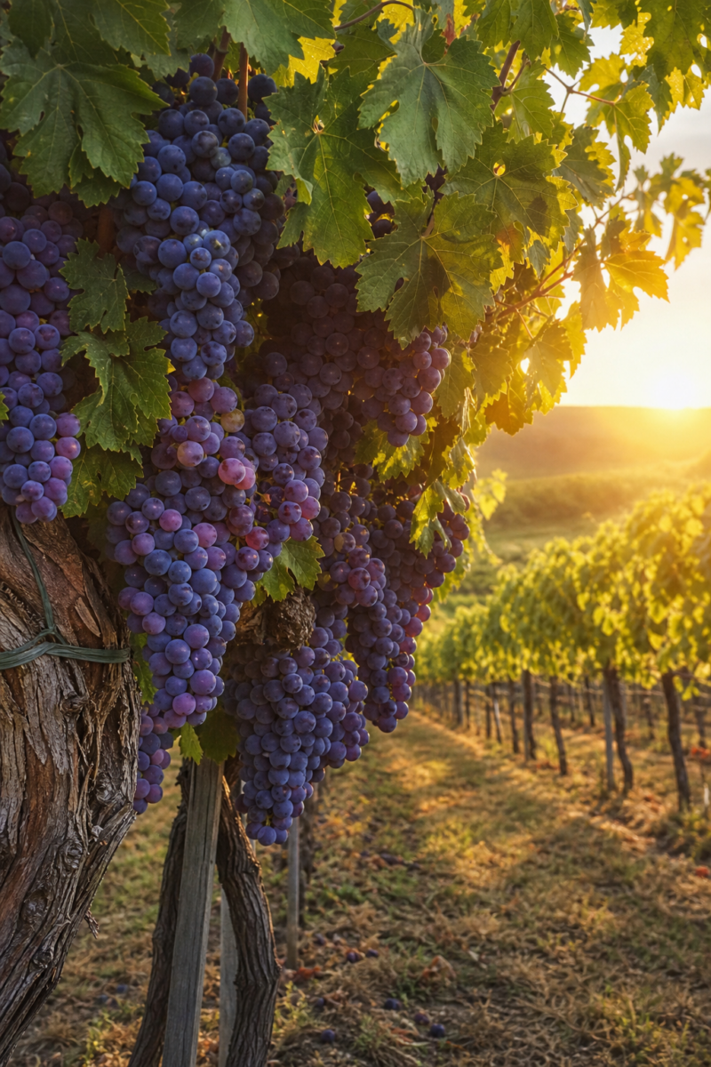 Ripe clusters of red grapes hanging on a vine at sunset, with vineyard rows