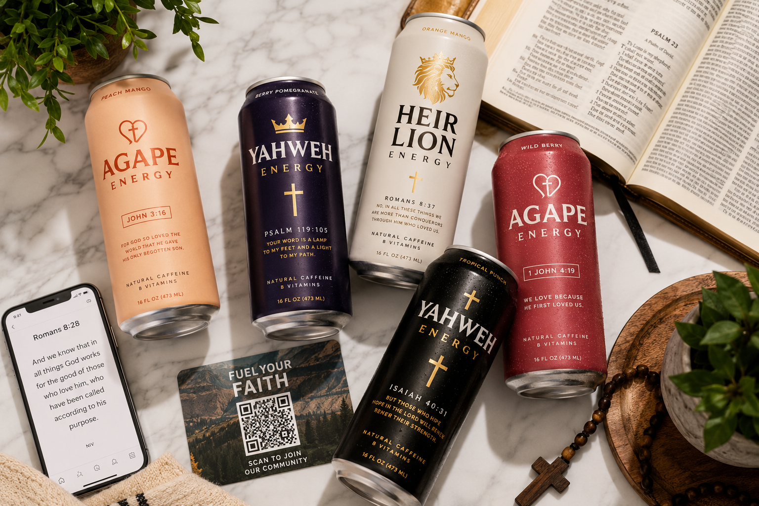 Detailed () editorial image showing a flat-lay arrangement of multiple Christian-branded energy drink cans from brands like