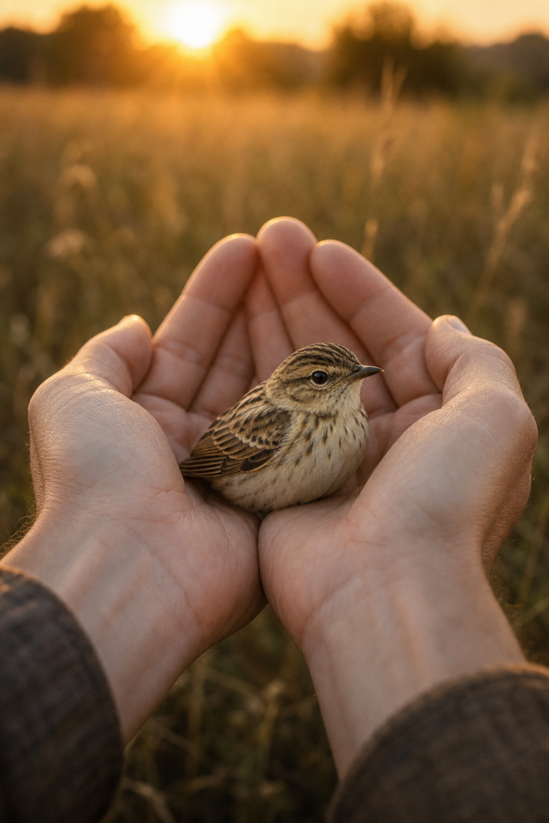 Small sparrow cradled in cupped hands against a golden sunset over a grassy