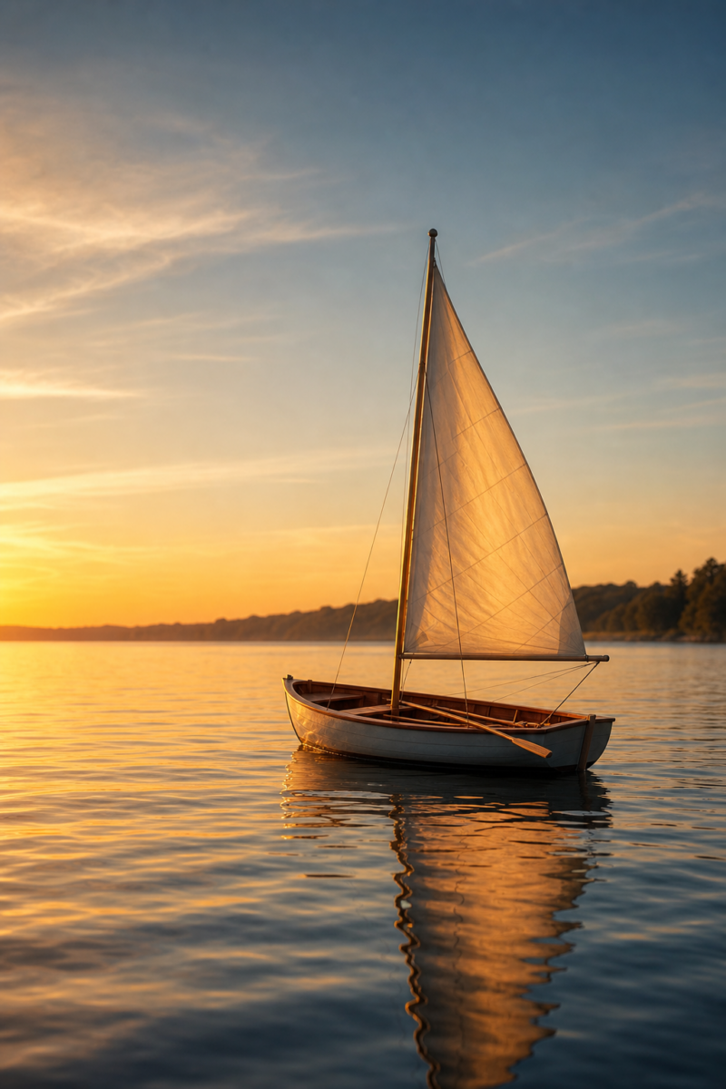 Small wooden sailboat with a white sail on calm water at sunset, reflecting