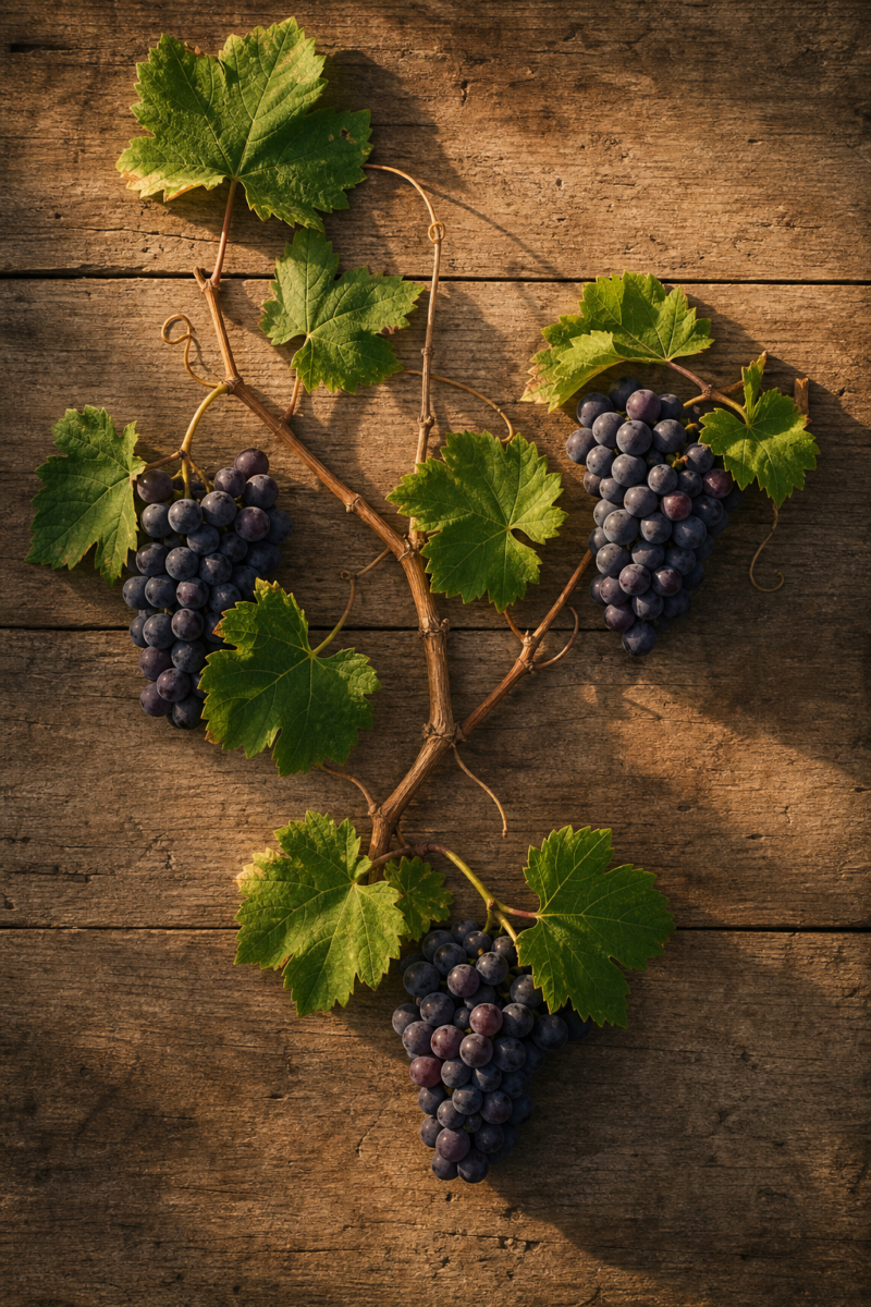Three clusters of dark purple grapes on a vine with green leaves, arranged on a