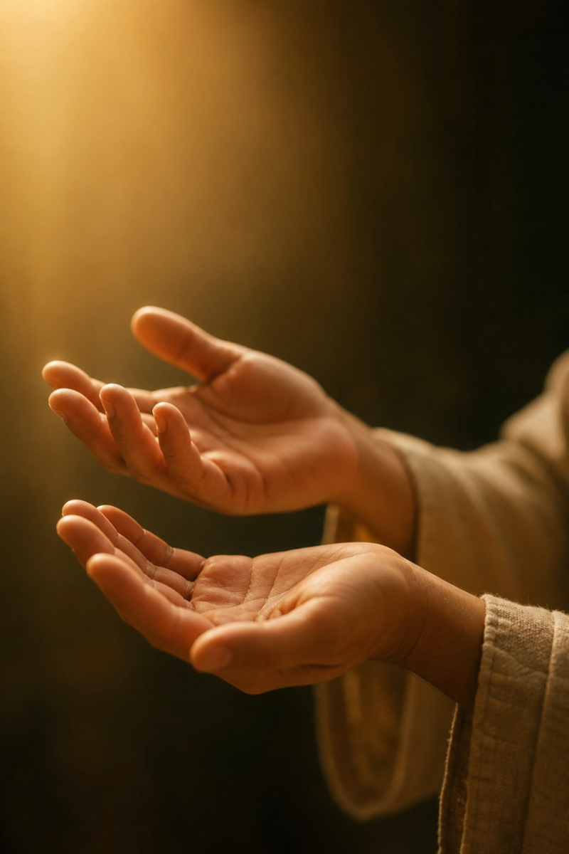 Two open hands with palms facing upward, bathed in warm golden light, in a