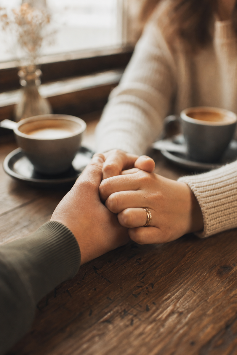 Two people holding hands across a café table with coffee cups, one wearing a