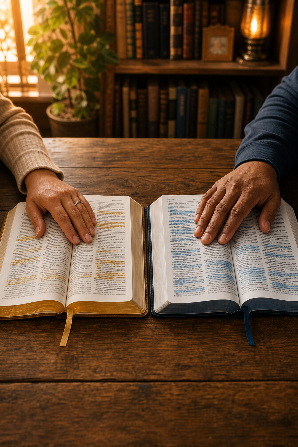 Two people studying open, highlighted Bibles side by side on a wooden table in