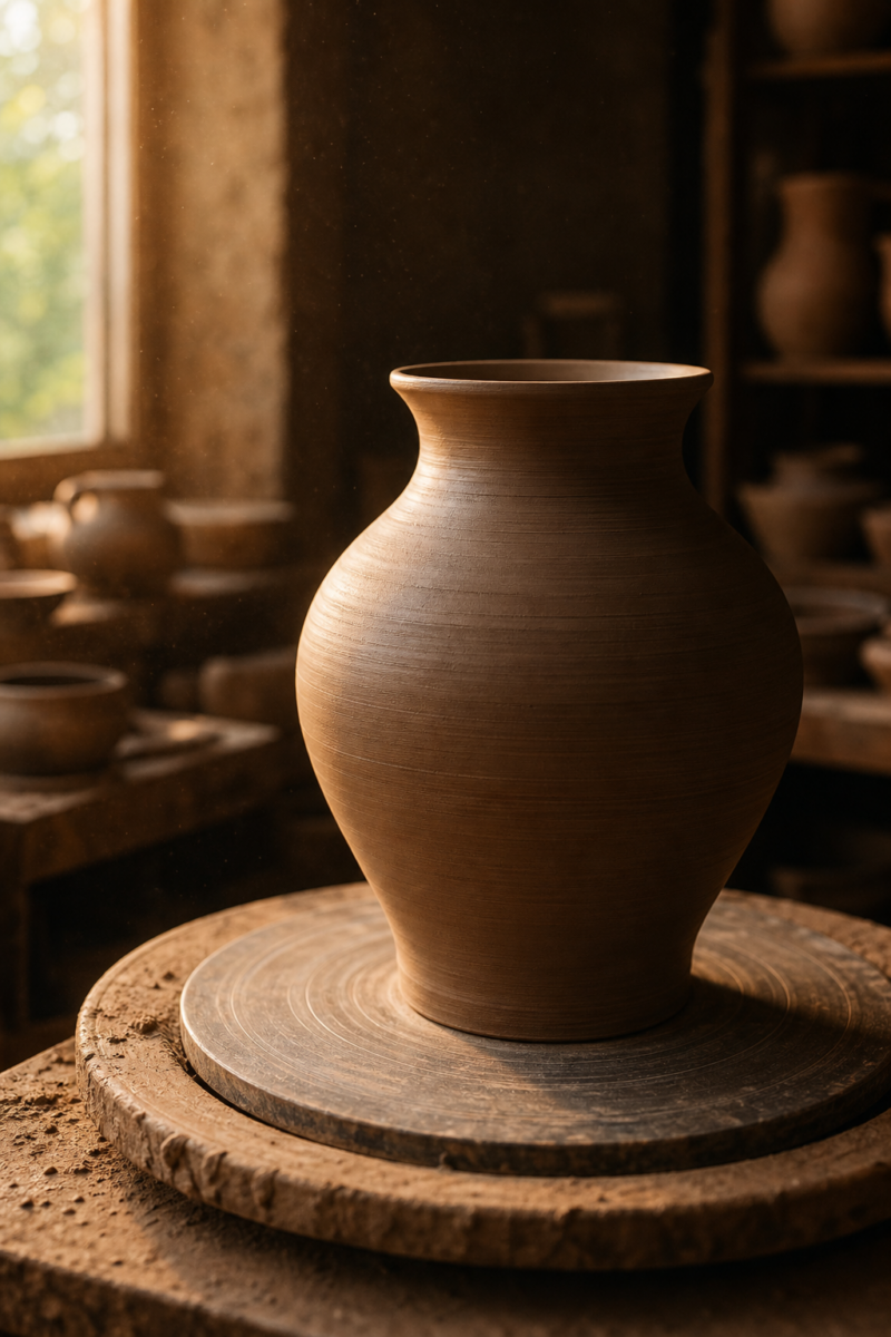 Unfired clay vase on a pottery wheel in a warm, sunlit studio with other