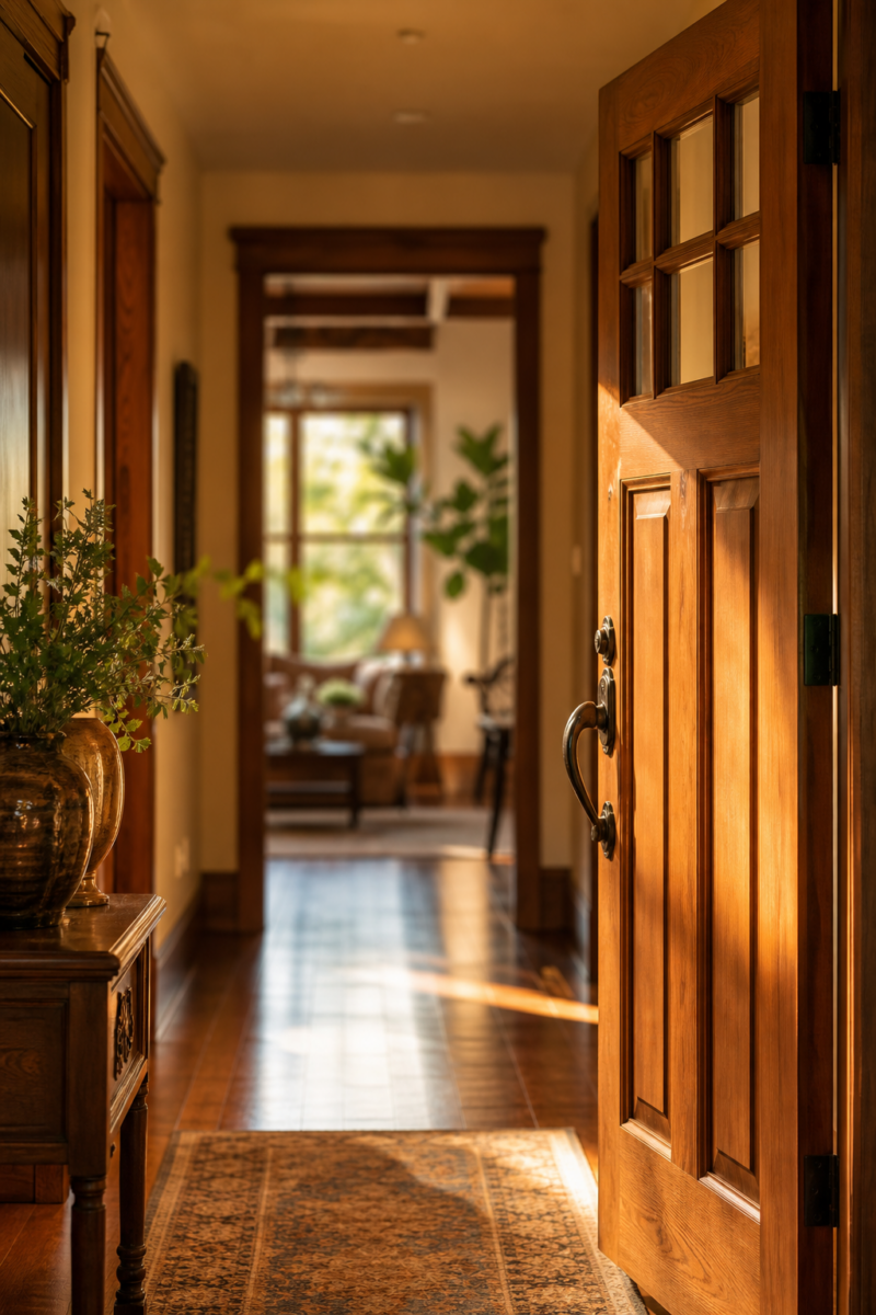 Warm home entryway with an open craftsman style wood front door, hallway
