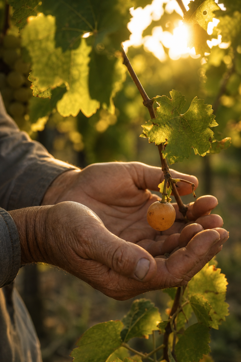Weathered hands cradling a single golden grape on a vine in a sunlit vineyard