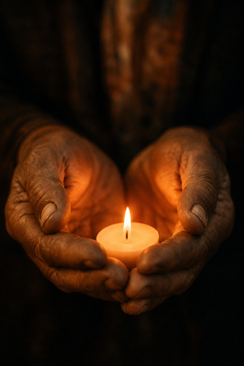Weathered hands cupping a small lit candle in darkness, casting a warm glow