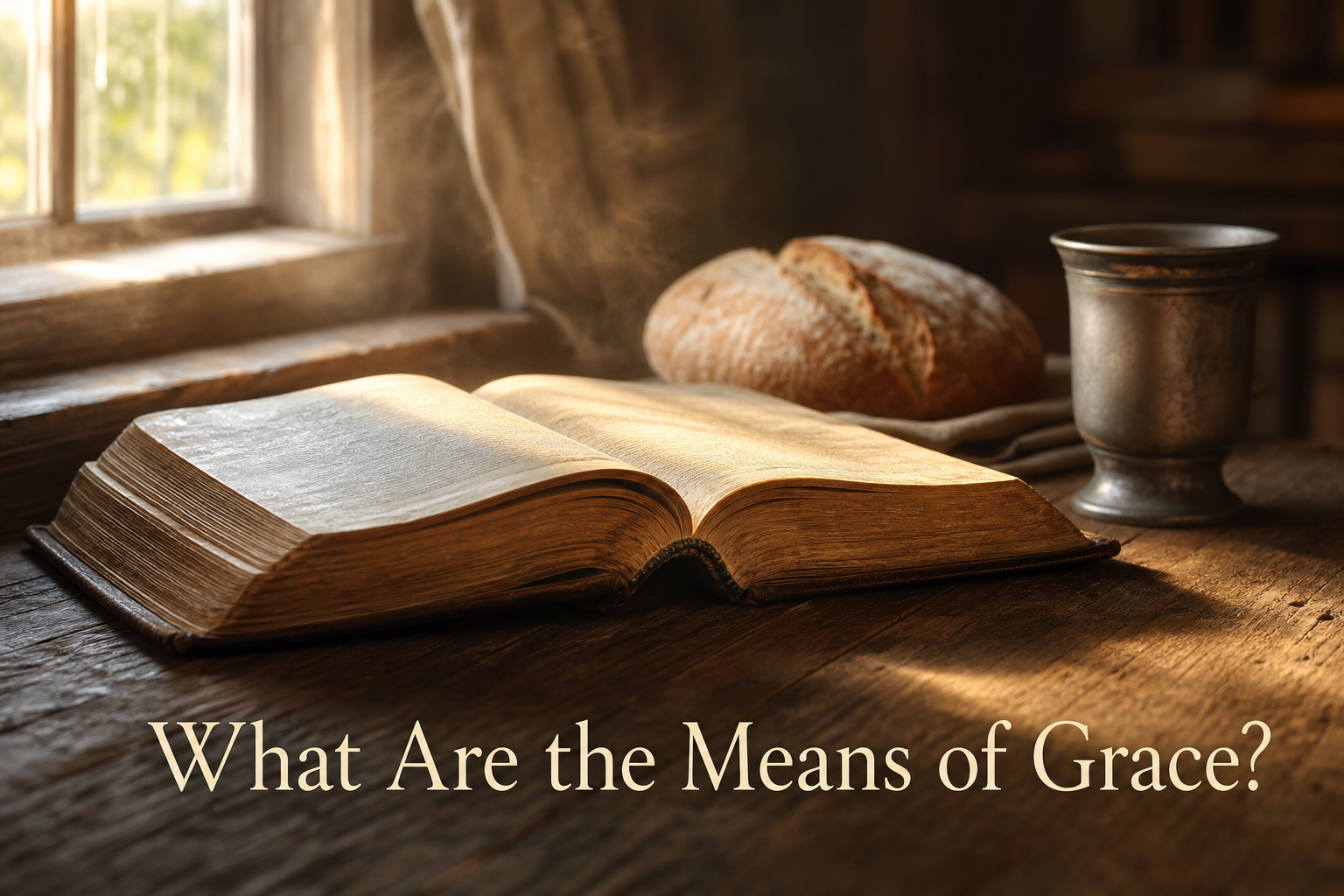 What Are the Means of Grace? — open Bible on a wooden table with bread and a