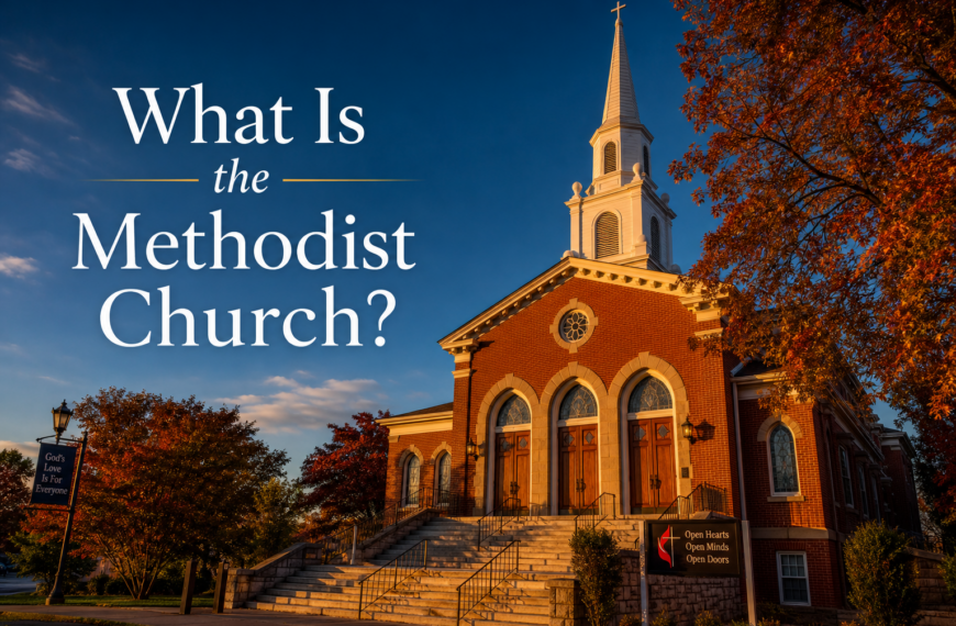 What Is the Methodist Church? A brick Methodist church with white steeple and