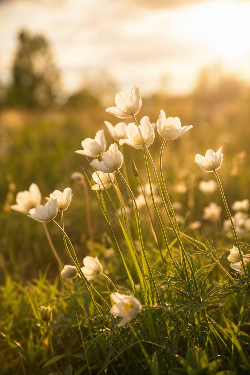 White anemone wildflowers blooming in a sunlit meadow at golden hour