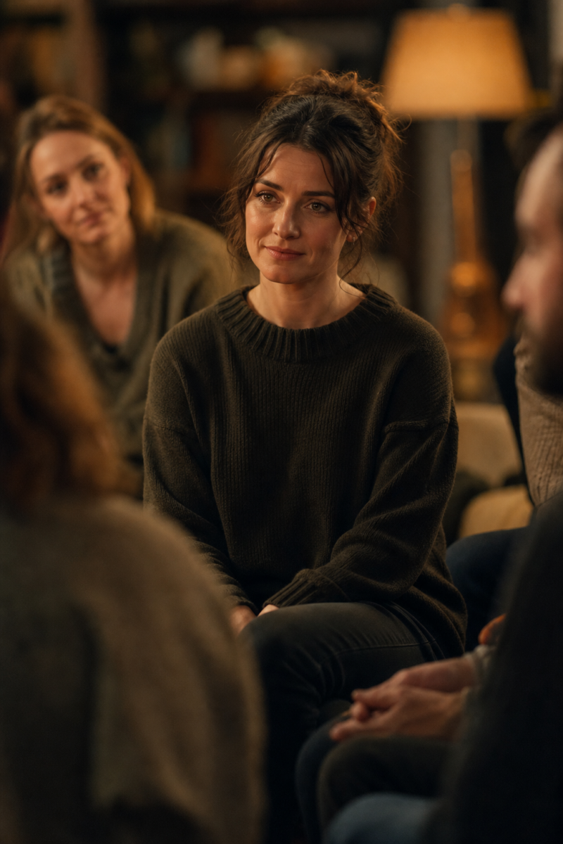 Woman in a dark sweater sitting attentively in a small group gathering in a