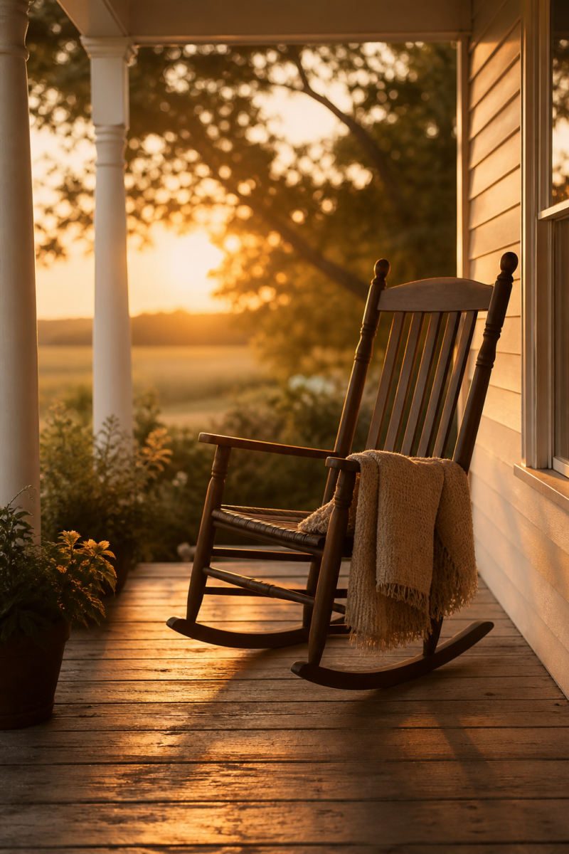Wooden rocking chair with a knit blanket on a farmhouse porch at golden hour