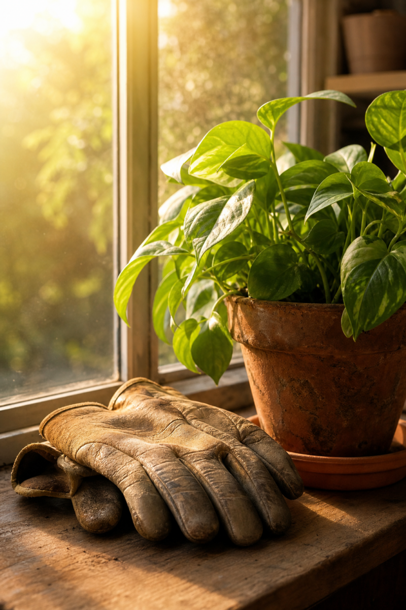 Worn leather gardening gloves beside a potted green houseplant on a sunlit