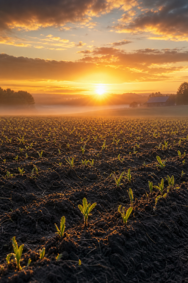 Young crop seedlings emerging from dark soil in a farm field at sunrise, with