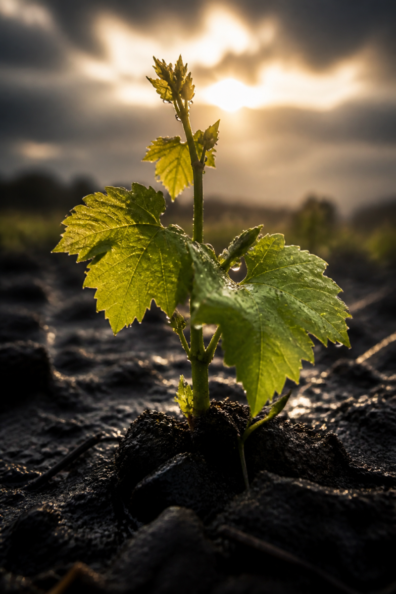 Young grapevine seedling with dew covered leaves growing from dark soil,