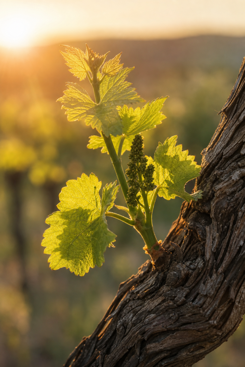 Young grapevine shoot with new leaves and tiny grape clusters emerging from an