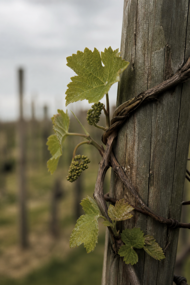 Young grapevine with new leaves and tiny grape clusters wrapped around a wooden