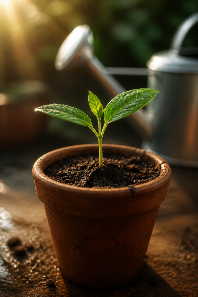 Young seedling sprouting from a terra cotta pot on a wet wooden surface, with a