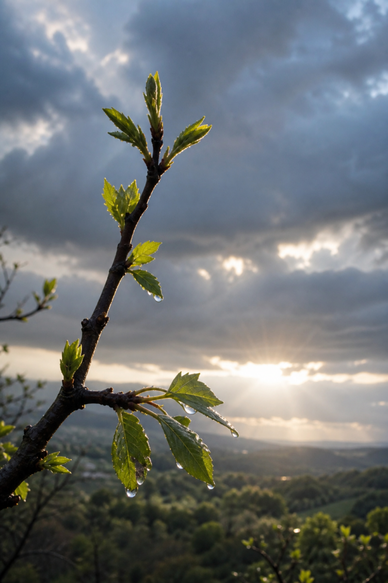 Young tree branch with fresh spring leaves and raindrops, backlit by sunlight