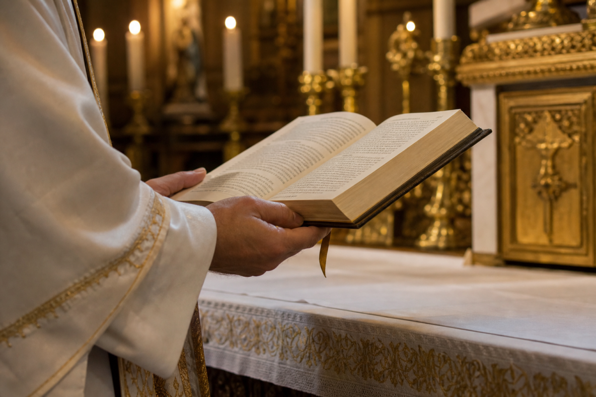 A priest in white and gold vestments holds an open book at a church altar with