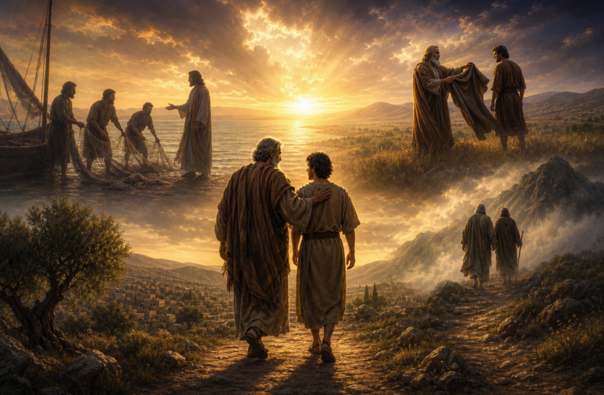 Biblical scene depicting discipleship: an elder guiding a younger man along a