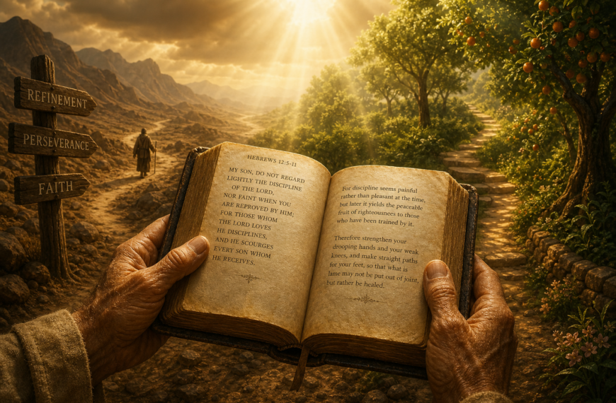 Hands holding an open Bible displaying Hebrews 12:5 11, set against a path with