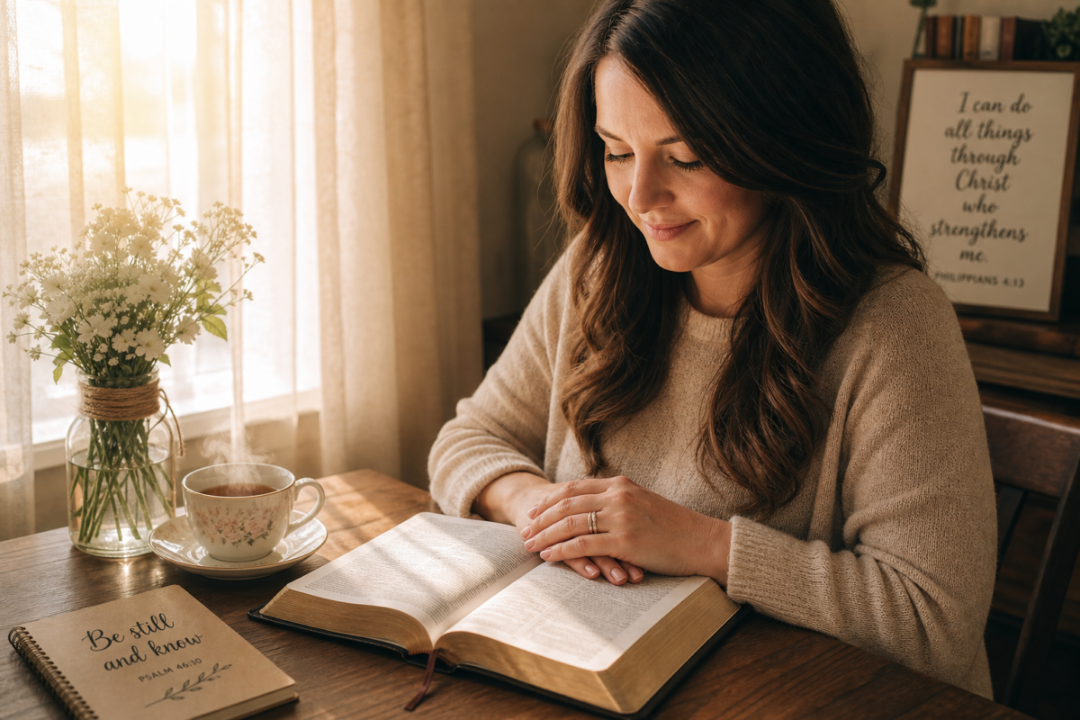 Woman smiling while reading an open Bible at a wooden table, with a journal
